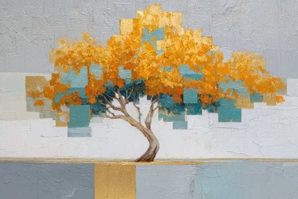 Abstraktus auksinis medis su turkio spalvos geometriniais elementais ant šviesaus tekstūrinio fono