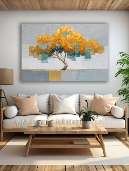 Auksinis harmonijos medis paveikslas šviesioje modernioje svetainėje su balta sofa ir natūralaus medžio interjeru