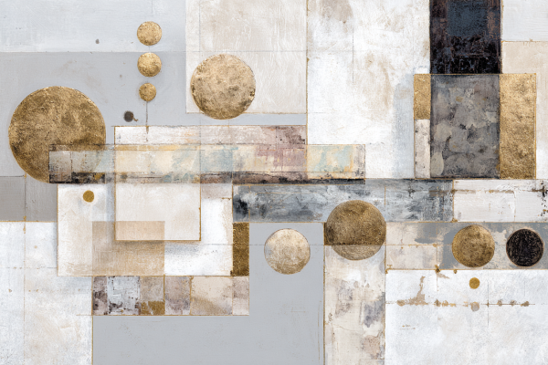 Abstraktus paveikslas su aukso apskritimais ir geometrinėmis formomis neutraliame fone