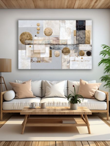 Auksinių formų harmonija abstrakcijoje paveikslas šviesioje modernioje svetainėje su balta sofa ir natūralaus medžio interjeru