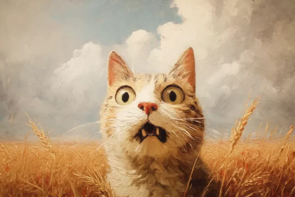 Nustebusi katė kviečių lauke su didelėmis akimis, tapybinis paveikslas