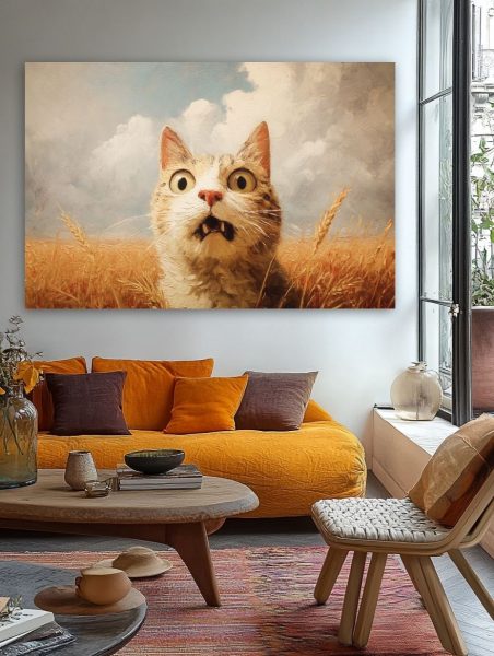 Nustebusi katė kviečių lauke paveikslas jaukioje bohemiško stiliaus svetainėje su geltona sofa ir rudens akcentais