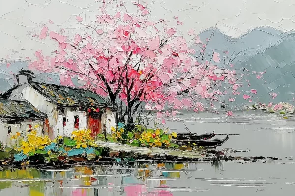 Žydintis rožinis medis prie ežero su kalnais ir tradiciniais namais