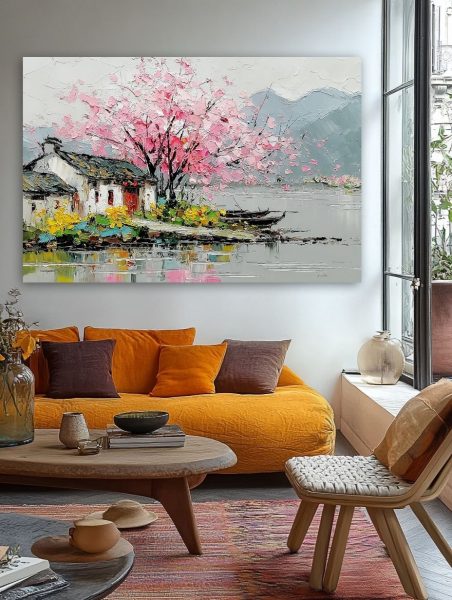 Rožinis pavasaris prie ežero paveikslas jaukioje bohemiško stiliaus svetainėje su geltona sofa ir rudens akcentais