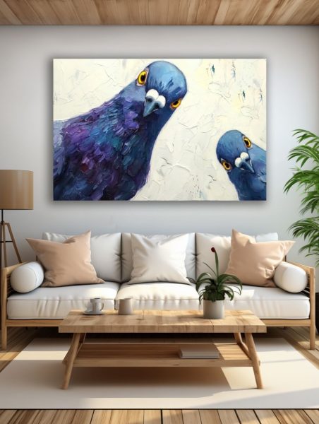 Smalsūs mėlyni balandžiai paveikslas šviesioje modernioje svetainėje su balta sofa ir natūralaus medžio interjeru