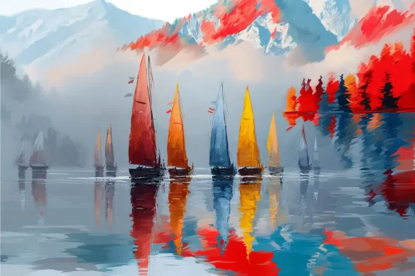 Abstraktūs spalvoti burių laivai atsispindintys ramiame vandenyje kalnų fone