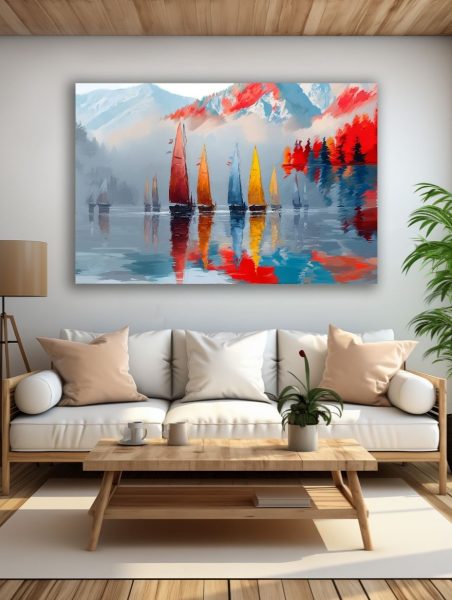 Spalvotų burių regata paveikslas šviesioje modernioje svetainėje su balta sofa ir natūralaus medžio interjeru