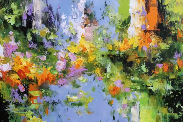 Spalvingas abstraktus paveikslas su gamtos įkvėptais potėpiais ir ryškiais atspindžiais