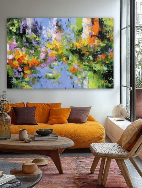 Spalvų harmonija gamtos atspindžiuose paveikslas jaukioje bohemiško stiliaus svetainėje su geltona sofa ir rudens akcentais