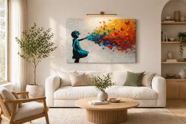 Spalvų Laisvės Sprogimas – modernus paveikslas su mergaitės siluetu ir ryškių spalvų drugelių sprogimu virš sofos svetainėje