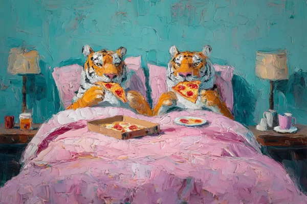 Du tigrai lovoje valgo picą, ryškių spalvų ekspresyvus paveikslas