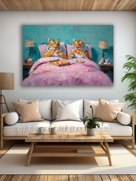 Tigrai su pica lovoje paveikslas šviesioje modernioje svetainėje su balta sofa ir natūralaus medžio interjeru