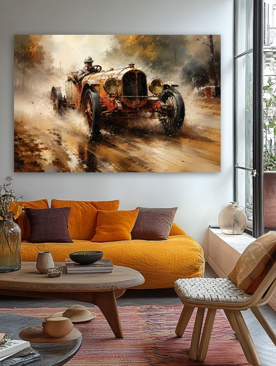 Vintage Greičio Legenda paveikslas jaukioje bohemiško stiliaus svetainėje su geltona sofa ir rudens akcentais