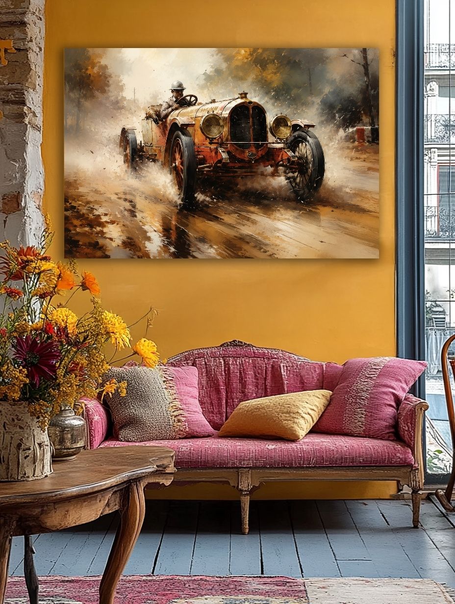 Vintage Greičio Legenda paveikslas klasikiniame interjere su geltonomis sienomis ir senovine sofa