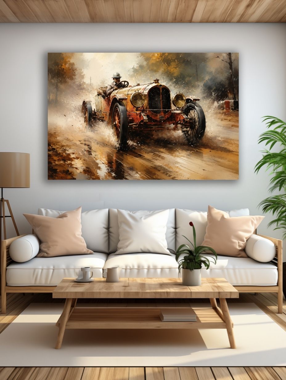 Vintage Greičio Legenda paveikslas šviesioje modernioje svetainėje su balta sofa ir natūralaus medžio interjeru