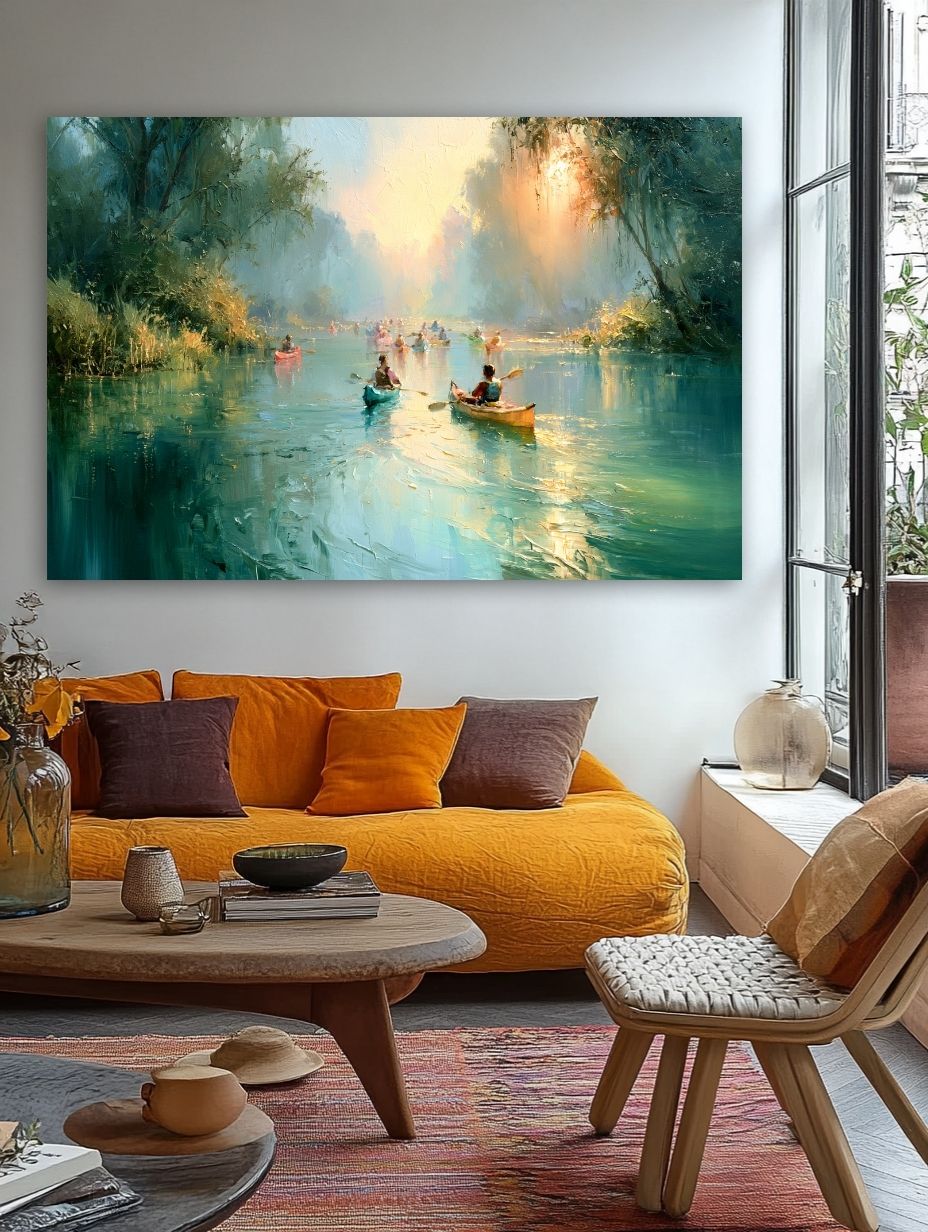 Rami baidarių kelionė upe eksponuojama modernioje svetainėje virš oranžinės sofos.